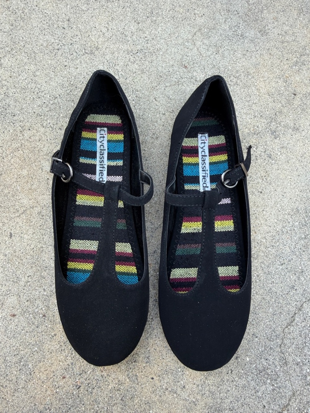 Cityclassified Black T-Strap Mary Jane Flats with Striped Insole